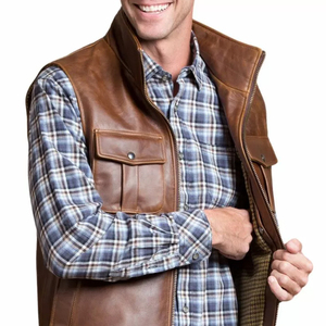Wholesale Men's Genuine Leather <b>Vest</b> Stand Collar Zipper Closure Casual Outerwear <b>Brown</b> Pockets Regular Fit Autumn Style - Product Image 4