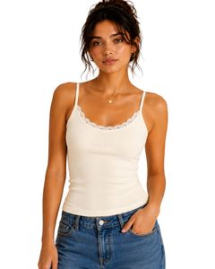 Custom Women Ribbed Lace Trim <b>Cami</b> Tank <b>Top</b> Spaghetti Strap Sleeveless Cotton Slim Fit Summer Casual Crop Vest Fashion Wear - Product Image 1