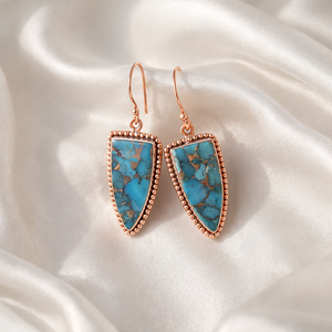 Boucles d'oreilles pendantes en turquoise bleue et cuivre, argent sterling 925, plaqué or rose et or jaune, faites à la main, style bohème, bijoux triangulaires, cadeau pour femme - Product Image 4