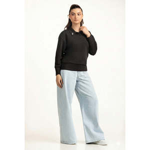 Suéter Polo Negro de Punto con Cuello de Flores, Estilo Casual Holgado para Otoño - Product Image 3