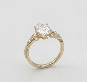 Bague de fiançailles en diamant ovale de culture, bande feuille de vigne, or jaune 14 carats, pavé de feuilles de marquise botaniques, bijoux de mariée - Product Image 4