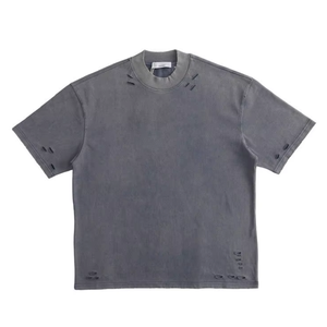 เสื้อยืดคอกลมแขนสั้นสีเทาฟอกกรดทรงโอเวอร์ไซส์สำหรับผู้ชาย ลายกราฟิกหัวกะโหลกหุ่นยนต์กับดอกกุหลาบ สไตล์สตรีท - Product Image 6