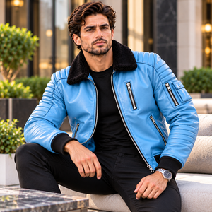 Chaqueta de Cuero Azul Cielo para Hombre, Estilo Motero, con Cuello de Piel Negra y Puños Acanalados, Ropa Exterior Moderna de Estilo Urbano - Product Image 6