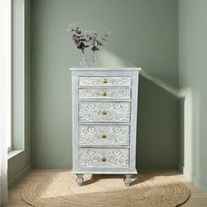 Solid Mango Wood 5 Drawer Whitewash Carved <b>Bedside</b> Table Rustic Storage Nightstand Vintage Bedroom Furniture - Product Image 6