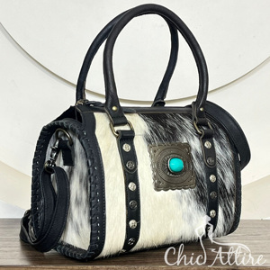 Bolsos de lona Speedy hechos a mano con cuero de vaca con pelo, estilo occidental con concho turquesa, bolso de hombro de viaje para mujer - Product Image 1