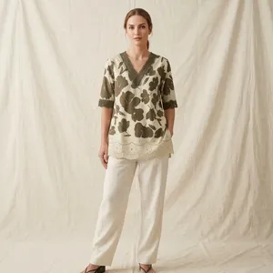 Women Cotton Kurta Floral Printed V Neck 3/4 Sleeve <b>Embroidered</b> Hem Casual Indian Ethnic <b>Tunic</b> Top - Product Image 5