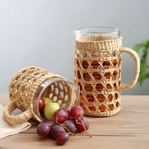 แก้วทัมเบลอร์แก้วลายหญ้าทะเลทำด้วยมือพร้อมที่วางแก้ว - Product Image 1