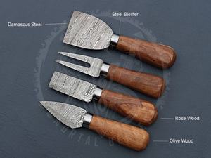 Ensemble de 4 couteaux à fromage avec manche en bois, Mini couteau à fromage en acier damas pour la confiserie et le fromage - Product Image 5