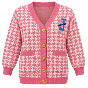 <b>Women</b> Pink White Houndstooth Knit <b>Cardigan</b> V Neck Gold Button Long Sleeve Embroidered Pocket Casual Fashion <b>Sweater</b> Jacket - Product Image 1