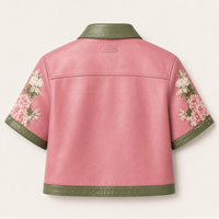 Blouson de moto en cuir tissé matelassé à imprimé floral rose pour femme, manches courtes, fermeture éclair, col contrastant, coupe courte, automne-hiver