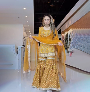 Latest Traditional Summer Winter Indian Embroidered Sharara Gharara <b>Kurti</b> Set Georgette Fabric Quick Dry Stretchable Pakistani - Product Image 1