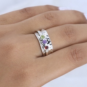 3 Stone 925 Sterling Silver Minimalist <b>Spinner</b> <b>Ring</b> Hammered Wide Band Bezel Set Gemstone Meditation Anxiety <b>Ring</b> for Women - Product Image 2