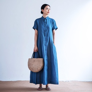 Robe chemise ample en coton biologique vintage teint uni 2026 avec poches latérales, manches courtes, toutes saisons, grandes tailles, cadeau pour femme - Product Image 1