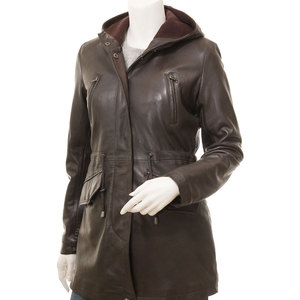 Wholesale <b>Women's</b> Genuine <b>Leather</b> Hooded <b>Jacket</b> Full Sleeve Windproof Winter <b>Long</b> Coat With Zipper Closure Utility Style - Product Image 1