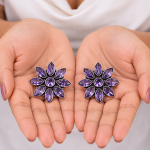 Vintage Jade Flower <b>Stud</b> <b>Earrings</b> Women | <b>Silver</b> Plated Brass Floral Statement <b>Earrings</b> | Marquise Petal Boho Jewelry Direct - Product Image 5