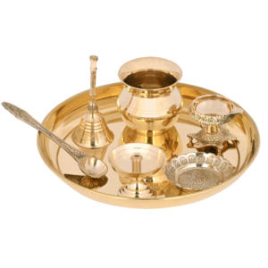 Juego de Thali de Latón para Pooja, Siete Piezas, Juego de Adoración Tradicional Hecho a Mano para el Hogar, el Templo y la Adoración Festiva - Product Image 1
