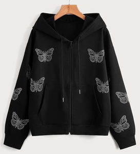 Sudaderas con estampado de mariposas y pedrería para hombre y mujer, estilo urbano, holgadas, con cremallera, sudadera con capucha de moda hip hop. - Product Image 1