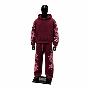 Conjunto Deportivo Color Granate con Sudadera con Capucha con Estampado de Estrellas Rosas y Pantalones con Cordón, Estilo Casual, Holgado, para Otoño - Product Image 1