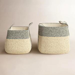 Set of 2 seagrass <b>bins</b> sewn around the edges Handmade Storage Basket Wholesale eco-friendly Made in Vietnam - Product Image 1