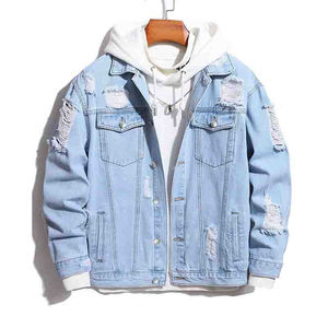 <b>Men's</b> <b>Light</b> <b>Blue</b> Denim Jacket Hooded <b>Ripped</b> Frayed Casual Style Spring Season Turn-Down Collar Regular Fit - Product Image 1