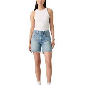 Shorts en jean taille haute déchirés pour femme, style décontracté d'été, coupe droite, ourlet effiloché, look vintage, en coton - Product Image 2
