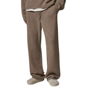 Pantalon en tricot bouclé marron décontracté à taille élastique, texture douce, coupe décontractée, bas de pyjama confortable, style unisexe - Product Image 6