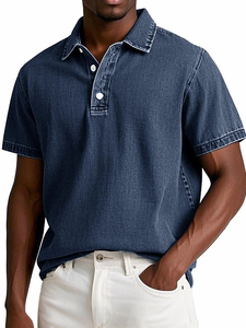 Polo de Mezclilla Gris de Manga Corta para Hombre, Estilo Casual, Cierre de Botones, Corte Regular, Tejido Antiarrugas - Product Image 4