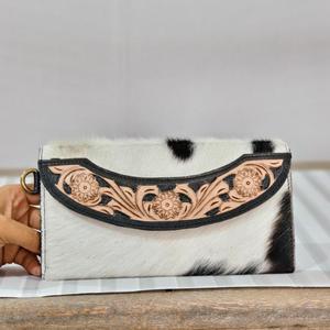 Portefeuille pour femme en cuir de vachette véritable avec broderie, style bohème, fermeture éclair, imprimé animal, court, pour usage quotidien - Product Image 2