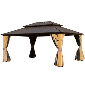 Gazebo da Esterno 12x16FT in Legno di Cedro con Tetto Rigido, Struttura in Acciaio Zincato, Doppio Tetto con Zanzariere e Tende, Padiglione e Pergola - Product Image 1
