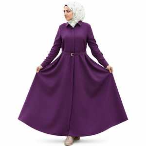 Vestido estilo abaya maxi liso para mujer, de manga larga, con cinturón, modesto, informal, para uso diario. - Product Image 1