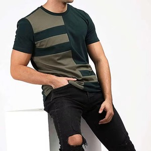 Men's Short Sleeve Color Blocked Striped T-Shirt O-Neck Loose Fit Casual Knitted <b>Top</b> 100% Cotton Worsted - Product Image 1