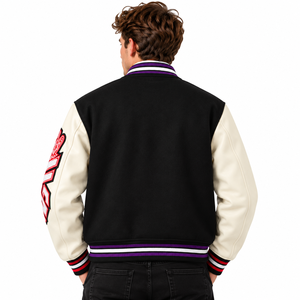 Chaqueta Varsity para hombre en negro y bloques de color con logo bordado, botones a presión, estilo Letterman, chaqueta bomber de béisbol para hombre. - Product Image 2