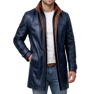 Chaqueta de cuero genuino negra larga personalizada para hombre, al por mayor, con cuello alto y cremallera, estilo gabardina, para motociclista - Product Image 3