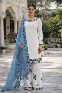 Ensemble Kurti Palazzo brodé blanc et bleu élégant avec dupatta en tulle – Tenue de soirée ethnique de créateur pour femme - Product Image 3
