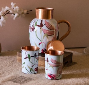 Floral Printed Pure <b>Copper</b> Water Jug And Tumbler Glass Set For Dining <b>Table</b> Serving Ayurvedic Health Benefits Metal Drinkware - Product Image 1