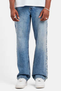 Jean en denim délavé clair coupe droite ample avec bande latérale en strass, taille mi-haute, en coton léger, style streetwear - Product Image 2