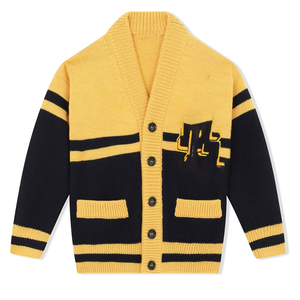 Women's Yellow Black Knitted Cardigan V-Neck Full Sleeve Preppy Style Button Front Letter Logo Autumn Winter Wear - Product Image 1