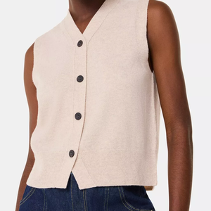 Gilet en tricot sans manches pour femme, col en V, avec poches, couleur unie, décontracté, pour l'automne, 100% acrylique, simple boutonnage - Product Image 2