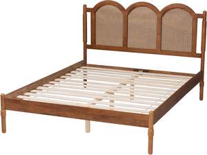 Mid-Century Modern Queen Size <b>Wooden</b> <b>Bed</b> with Woven Rattan Finish Walnut Brown Traditional <b>Platform</b> <b>Bed</b> by Studio Thatcher - Product Image 5