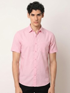 Men's Pink Short Sleeve Cotton Poplin Casual <b>Shirt</b> Turn-down Collar Solid Color Summer Wear - Product Image 1