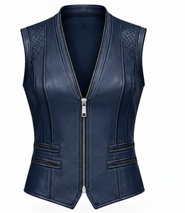เสื้อกั๊กหนังสีน้ำเงินกรมท่าสำหรับผู้หญิง คอวี ปิดด้วยซิป - Product Image 1