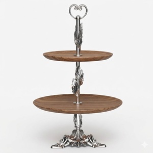Support à gâteau de luxe à 2 niveaux en bois d'acacia avec poignée en métal doré motif oiseau et branche, présentoir à desserts rustique d'inspiration naturelle pour la décoration de fête - Product Image 2