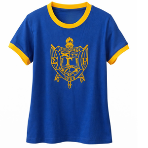 T-shirt SGRho floqué à col rond pour femme, motif lettres grecques vintage, bordure contrastante, manches courtes, décontracté, style sororité - Product Image 1