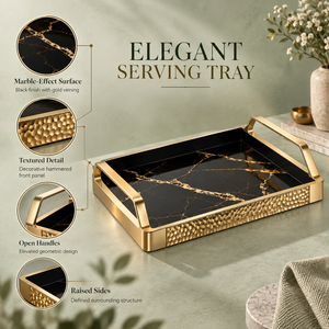 Decorative Iron Serving Tray | Black Gold <b>Marble</b> <b>Effect</b> Rectangular Platter with Handles for Dining <b>Coffee</b> <b>Table</b> Home Decor Gift - Product Image 5