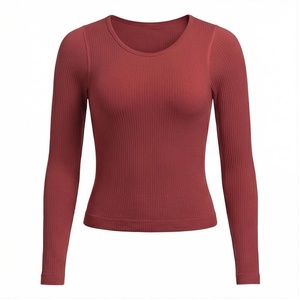 Camiseta de Manga Larga con Cuello Redondo y Textura Acanalada, Color Sólido, Elástica, para Yoga, Mezcla de Algodón y Spandex para Mujer - Product Image 1