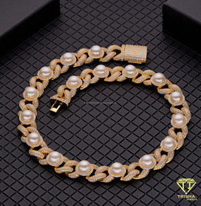 Collier gourmette cubaine en perles avec diamant Moissanite, en argent sterling 925, bijoux de luxe glacés pour femme, vente en gros - Product Image 3