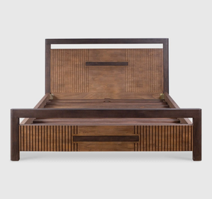 Lit plateforme minimaliste moderne en teck massif avec tiroir de rangement intégré et tête de lit à lattes verticales – Garantie 3 ans - Product Image 3