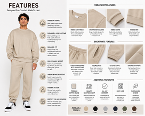 Ensemble jogging et sweat-shirt en maille unie beige à col rond pour homme, décontracté, automne, 100 % coton molletonné, grandes tailles, 400 g/m², survêtement pour homme - Product Image 5