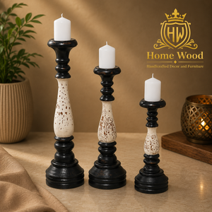 Wooden <b>Candlestick</b> Holder Set of 3 TALL <b>Black</b> and White Distressed Finish for Home Decoration - Product Image 1