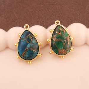 18K Gold Plated Solid Brass Apatite Jade Mohave Turquoise Pendant Connector Handmade Emerald Pear Cabochon Jewelry Link Supplies - Product Image 2